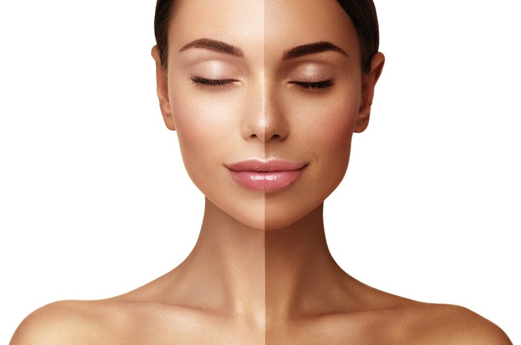 Gesicht vor und nach der Bräunung mit Lotion oder Spray